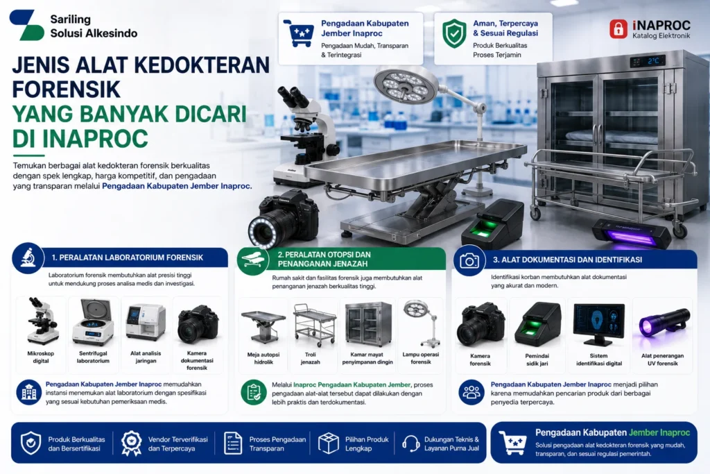 Jenis alat kedokteran forensik yang banyak dicari di Inaproc Kabupaten Jember meliputi mikroskop digital, sentrifugal laboratorium, alat analisis jaringan, kamera dokumentasi forensik, meja autopsi hidrolik, troli jenazah, kamar mayat penyimpanan dingin, lampu operasi forensik, kamera forensik, pemindai sidik jari, sistem identifikasi digital, dan alat penerangan UV forensik.