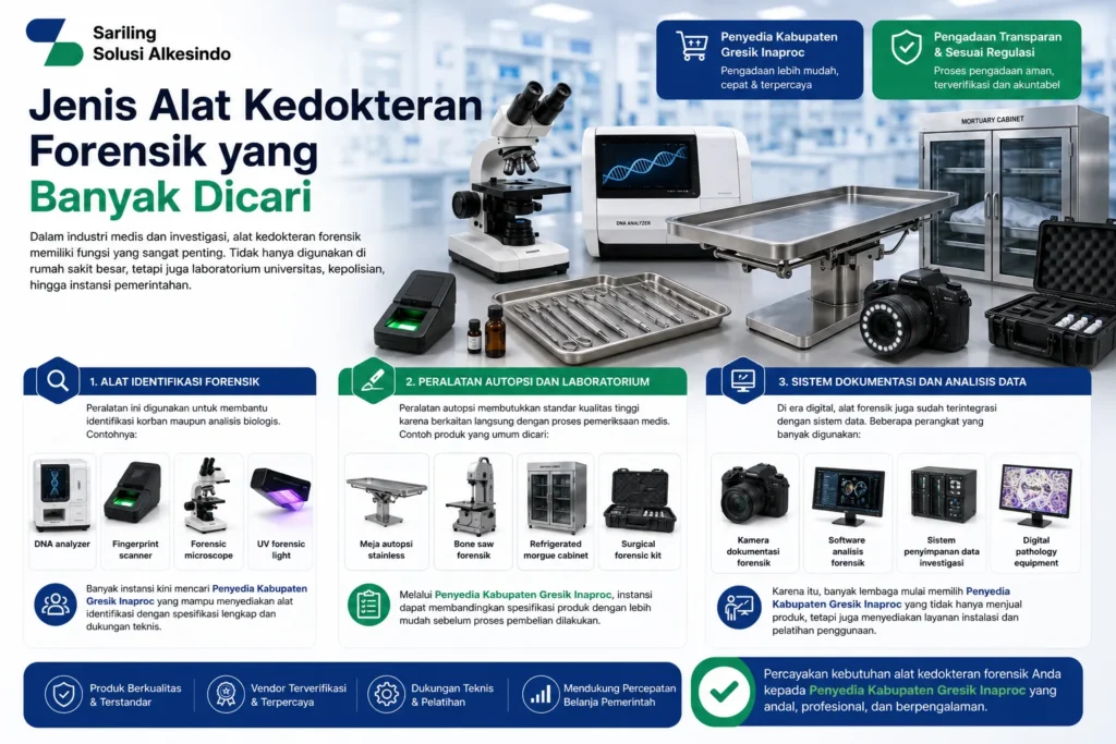 Jenis alat kedokteran forensik yang banyak dicari melalui Penyedia Kabupaten Gresik Inaproc, meliputi DNA analyzer, fingerprint scanner, forensic microscope, UV forensic light, meja autopsi stainless, bone saw forensik, refrigerated morgue cabinet, surgical forensic kit, kamera dokumentasi forensik, software analisis forensik, sistem penyimpanan data investigasi, dan digital pathology equipment.