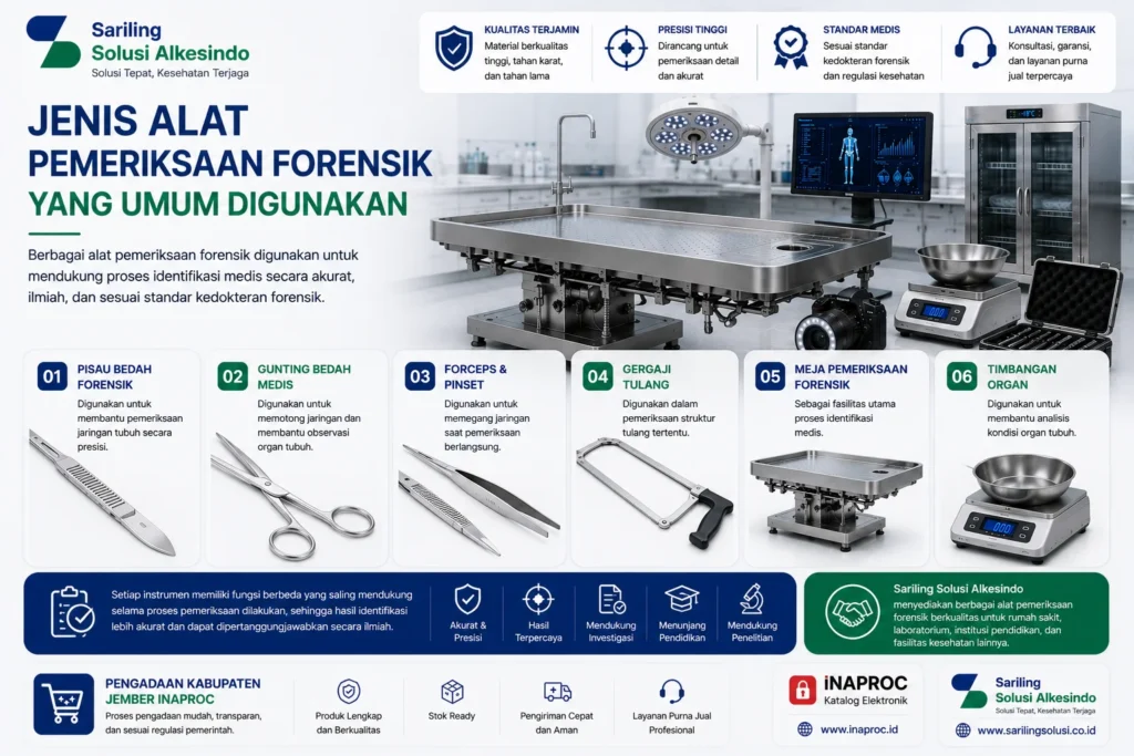 Jenis alat pemeriksaan forensik yang umum digunakan meliputi pisau bedah forensik, gunting bedah medis, forceps dan pinset, gergaji tulang, meja pemeriksaan forensik, serta timbangan organ untuk mendukung proses identifikasi medis dan investigasi forensik