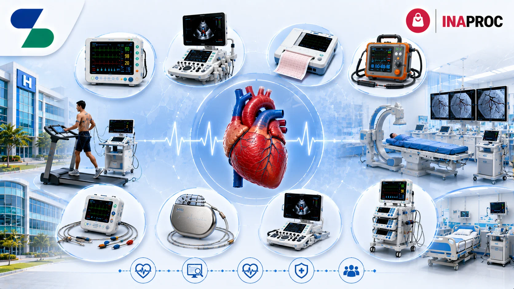 Ilustrasi berbagai jenis alat kardiologi modern seperti monitor pasien, mesin ECG, echocardiography, defibrillator, treadmill test, pacemaker, monitor Holter, dan sistem pencitraan jantung di rumah sakit, dengan logo Sariling Solusi Alkesindo di kiri atas serta logo INAPROC di kanan atas