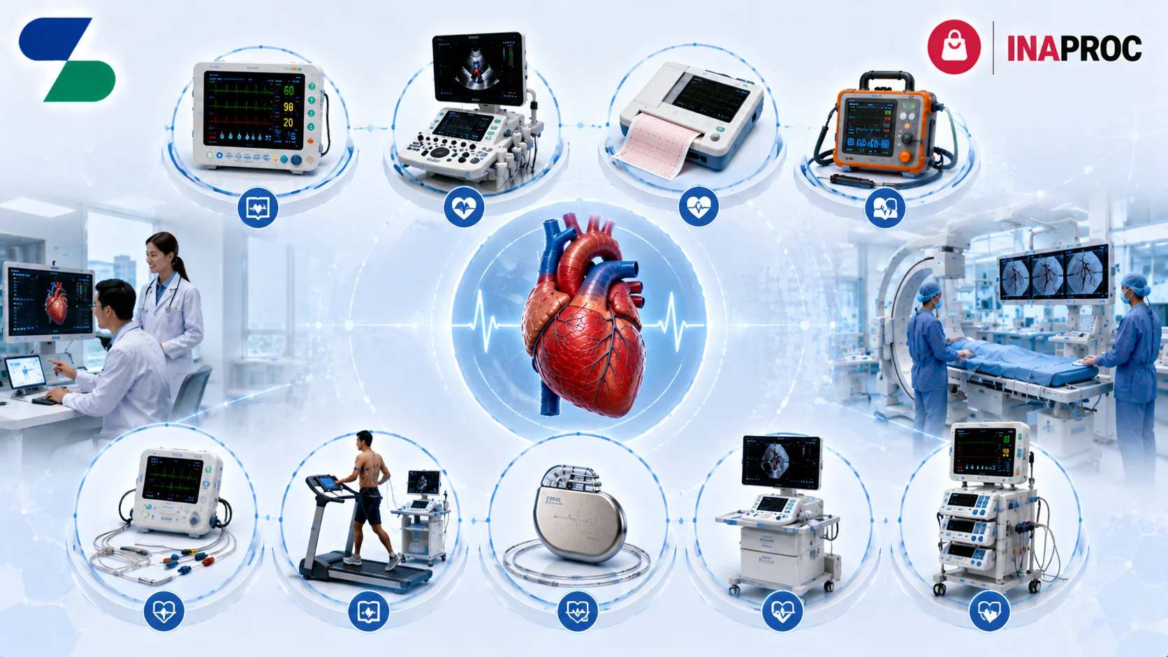 Ilustrasi berbagai jenis alat kardiologi modern seperti monitor pasien, mesin ECG, echocardiography, defibrillator, treadmill test, pacemaker, dan sistem pemantauan jantung di lingkungan rumah sakit, dengan logo Sariling Solusi Alkesindo di kiri atas serta logo INAPROC di kanan atas.