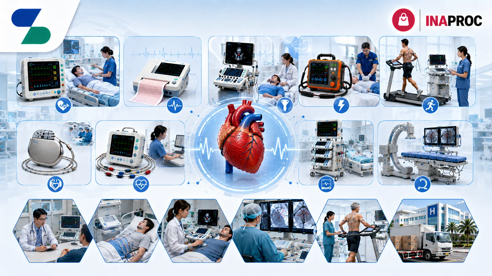 Ilustrasi berbagai jenis alat kardiologi modern seperti monitor pasien, mesin ECG, echocardiography, defibrillator, pacemaker, treadmill test, monitor Holter, sistem angiografi, dan perangkat diagnostik jantung di lingkungan rumah sakit