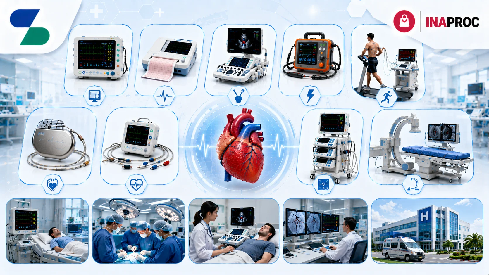 Ilustrasi berbagai jenis alat kardiologi modern seperti monitor pasien, mesin ECG, echocardiography, defibrillator, treadmill test, pacemaker, monitor Holter, dan sistem angiografi di rumah sakit