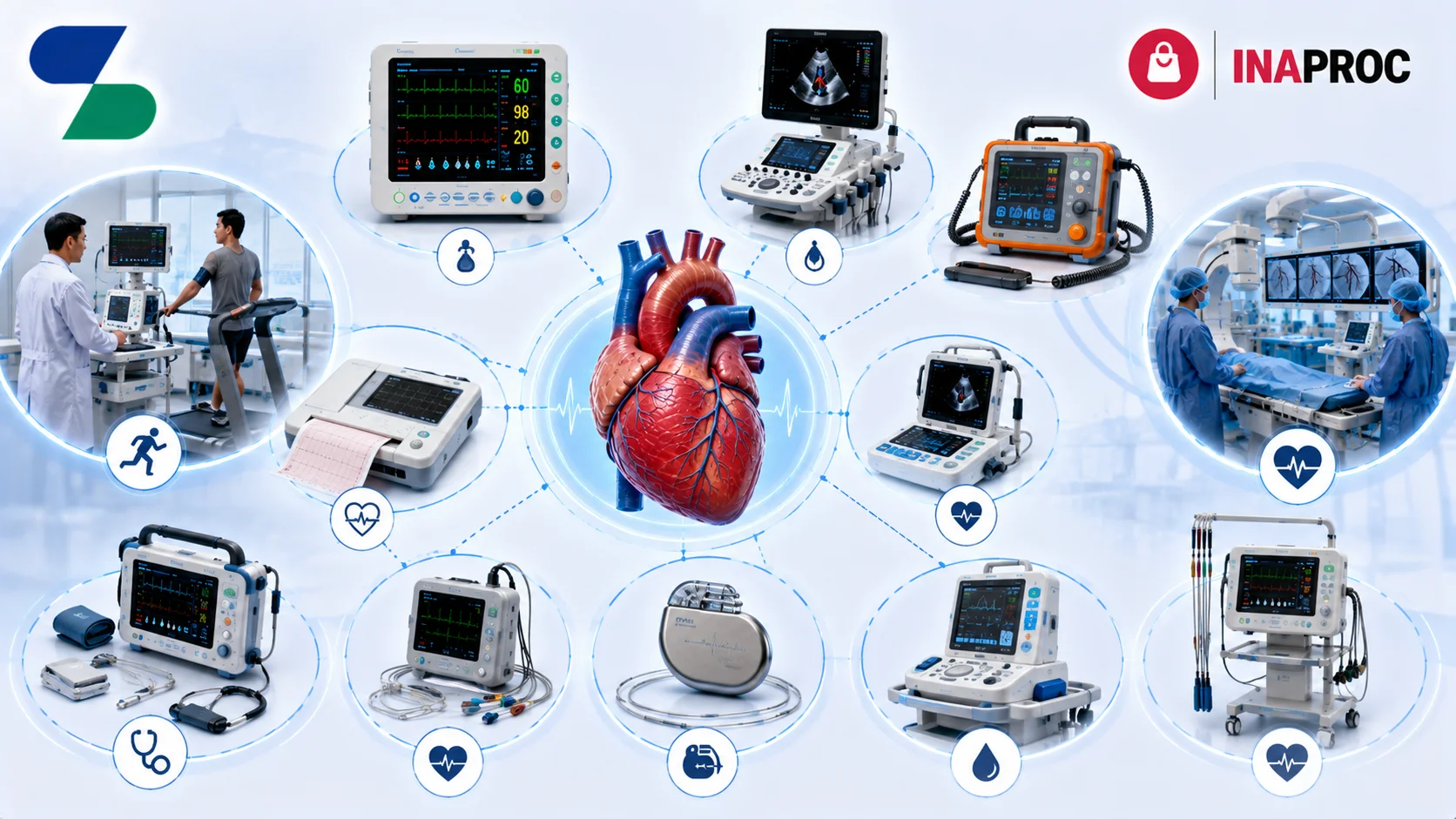 Ilustrasi berbagai jenis alat kardiologi seperti monitor pasien, mesin ECG, USG jantung (echocardiography), defibrillator, Holter monitor, pacemaker, dan peralatan diagnostik jantung di lingkungan rumah sakit modern, dengan logo Sariling Solusi Alkesindo di kiri atas serta logo INAPROC di kanan atas.