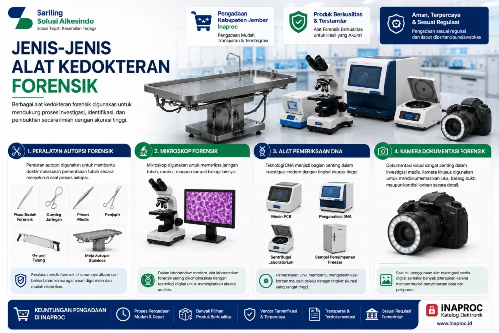 Jenis-jenis alat kedokteran forensik untuk Pengadaan Kabupaten Jember Inaproc meliputi peralatan autopsi forensik, mikroskop forensik, alat pemeriksaan DNA seperti mesin PCR dan penganalisis DNA, serta kamera dokumentasi forensik untuk investigasi medis modern.