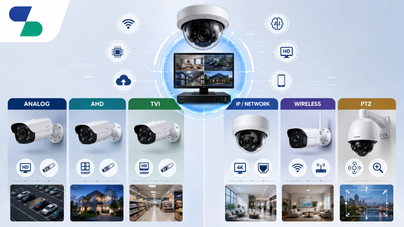Ilustrasi berbagai jenis kamera CCTV berdasarkan teknologi, menampilkan kamera Analog, AHD, TVI, IP/Network, Wireless, dan PTZ beserta sistem pemantauan terintegrasi dengan logo Sariling Solusi Alkesindo di pojok kiri atas.