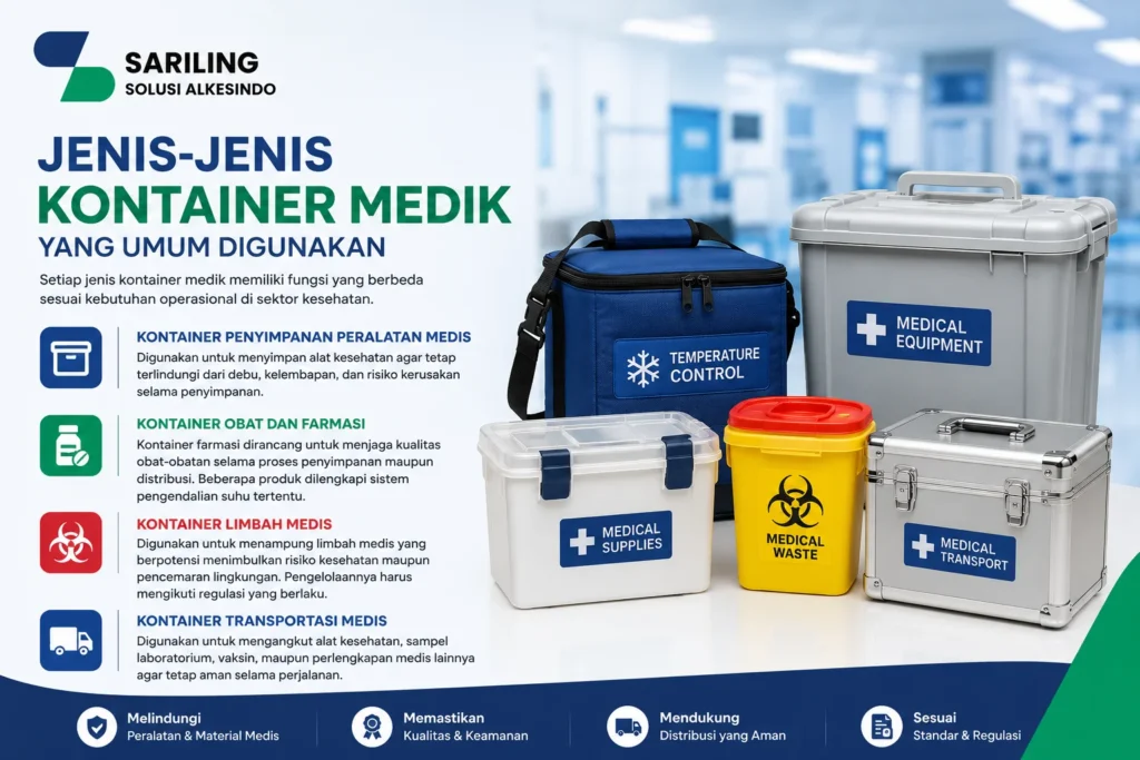 Jenis-jenis kontainer medik yang umum digunakan meliputi kontainer penyimpanan peralatan medis, kontainer obat dan farmasi, kontainer limbah medis, dan kontainer transportasi medis dari Sariling Solusi Alkesindo