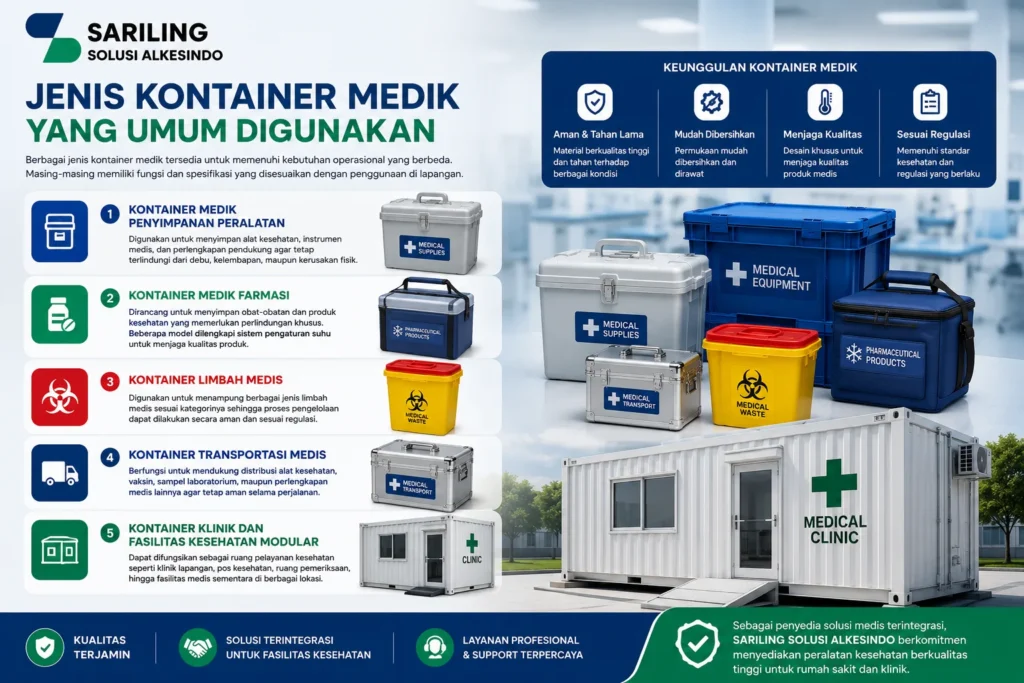 Jenis kontainer medik yang umum digunakan meliputi kontainer penyimpanan peralatan medis, farmasi, limbah medis, transportasi medis, dan klinik modular dari Sariling Solusi Alkesindo