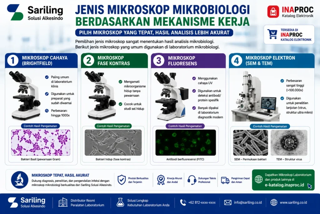 Jenis mikroskop mikrobiologi berdasarkan mekanisme kerja meliputi mikroskop cahaya (brightfield), mikroskop fase kontras, mikroskop fluoresens, dan mikroskop elektron SEM TEM untuk analisis mikroorganisme, penelitian laboratorium, serta diagnostik modern.