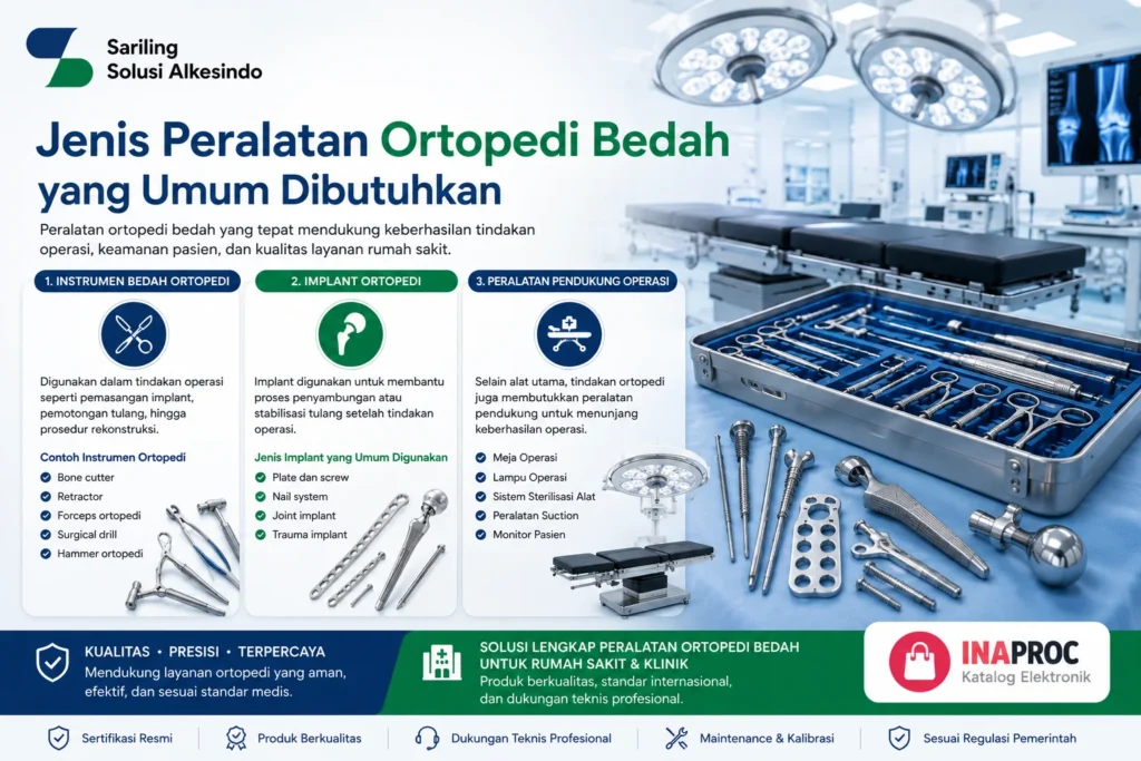 Jenis peralatan ortopedi bedah rumah sakit meliputi instrumen bedah, implant ortopedi, dan peralatan pendukung operasi dari Sariling Solusi Alkesindo