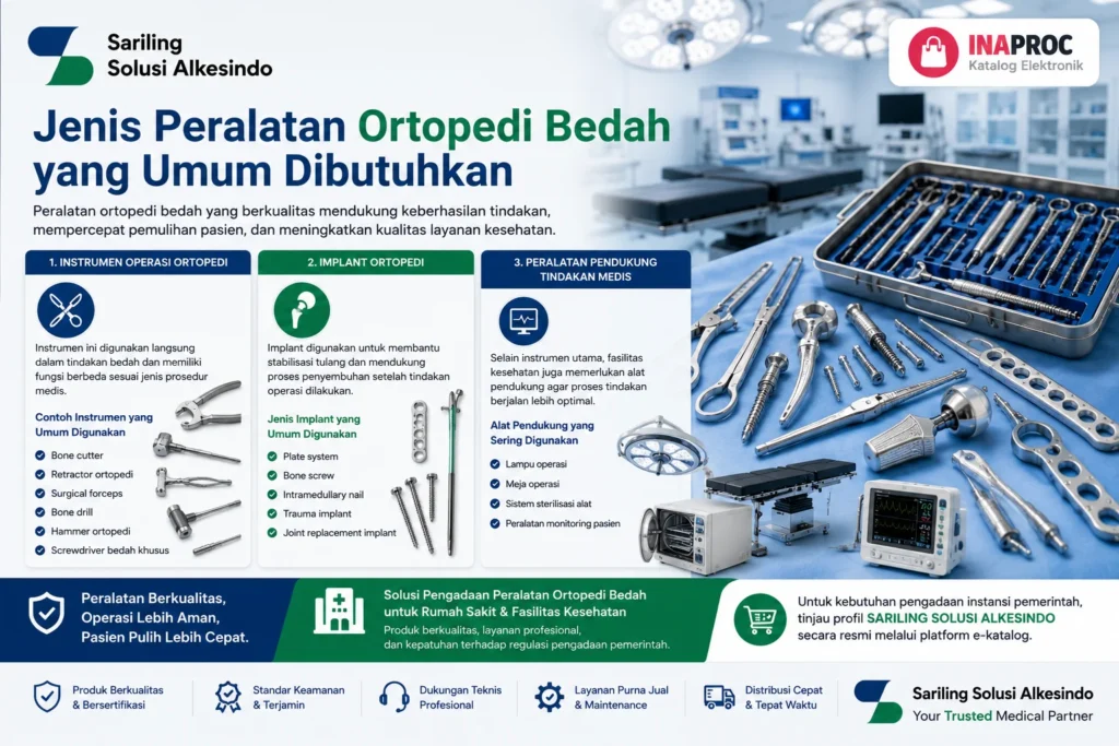 Jenis peralatan ortopedi bedah yang umum dibutuhkan meliputi instrumen operasi ortopedi, implant ortopedi, dan peralatan pendukung tindakan medis