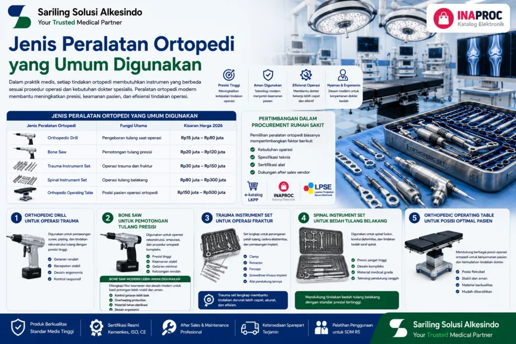 Jenis peralatan ortopedi yang umum digunakan di rumah sakit meliputi orthopedic drill, bone saw, trauma instrument set, spinal instrument set, dan orthopedic operating table