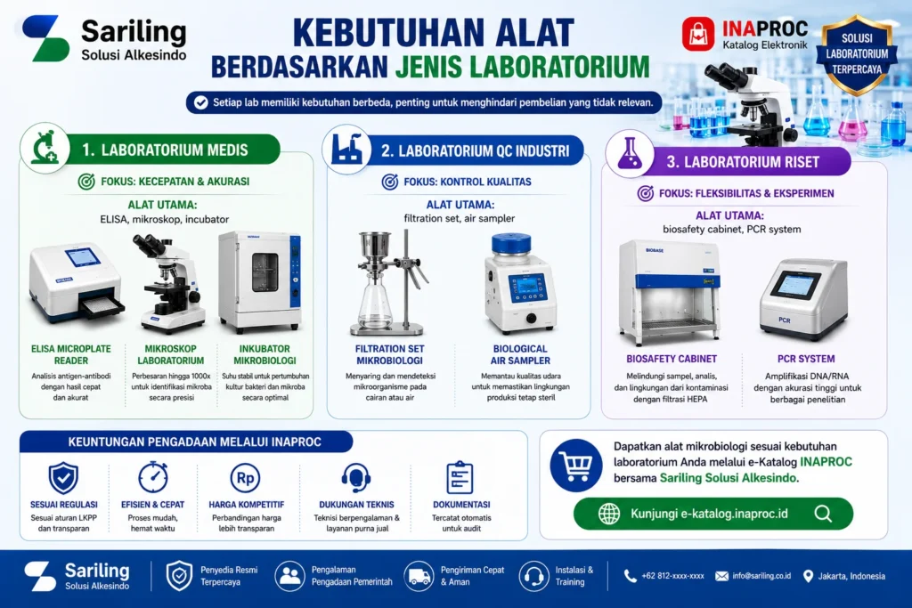 Kebutuhan alat berdasarkan jenis laboratorium di Inaproc meliputi ELISA microplate reader, mikroskop, dan inkubator untuk laboratorium medis; filtration set dan biological air sampler untuk laboratorium QC industri; serta biosafety cabinet dan PCR system untuk laboratorium riset bersama Sariling Solusi Alkesindo.