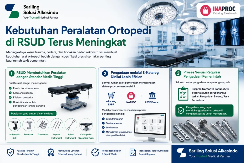 Kebutuhan peralatan ortopedi di RSUD terus meningkat untuk mendukung penanganan trauma, cedera, dan tindakan bedah rekonstruksi dengan standar medis tinggi