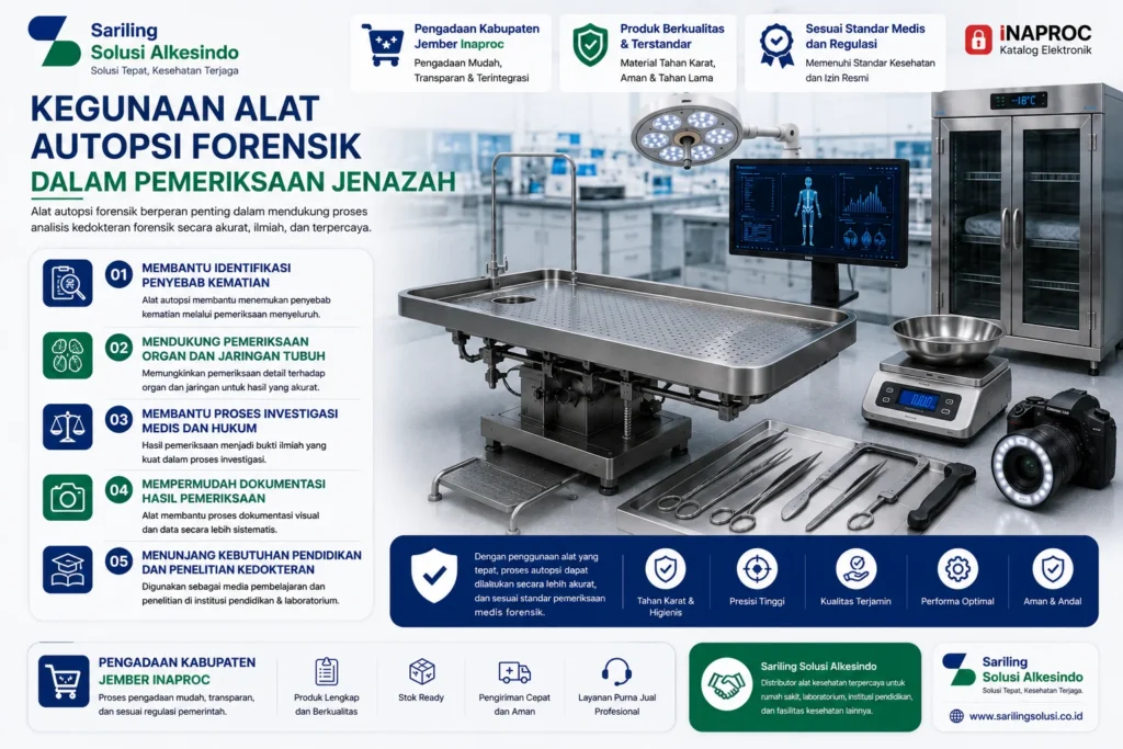 Kegunaan alat autopsi forensik dalam pemeriksaan jenazah untuk membantu identifikasi penyebab kematian, pemeriksaan organ dan jaringan tubuh, investigasi medis dan hukum, dokumentasi hasil pemeriksaan, serta penelitian kedokteran menggunakan meja autopsi, instrumen bedah forensik, timbangan organ, dan kamera dokumentasi forensik.