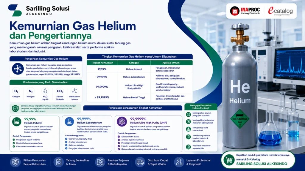 Kemurnian gas helium dan pengertiannya berdasarkan tingkat purity 99,99 persen, 99,999 persen, hingga 99,9999 persen untuk kebutuhan laboratorium, Gas Chromatography, spektrometri massa, kalibrasi instrumen, industri semikonduktor, dan penelitian ilmiah dari Sariling Solusi Alkesindo.