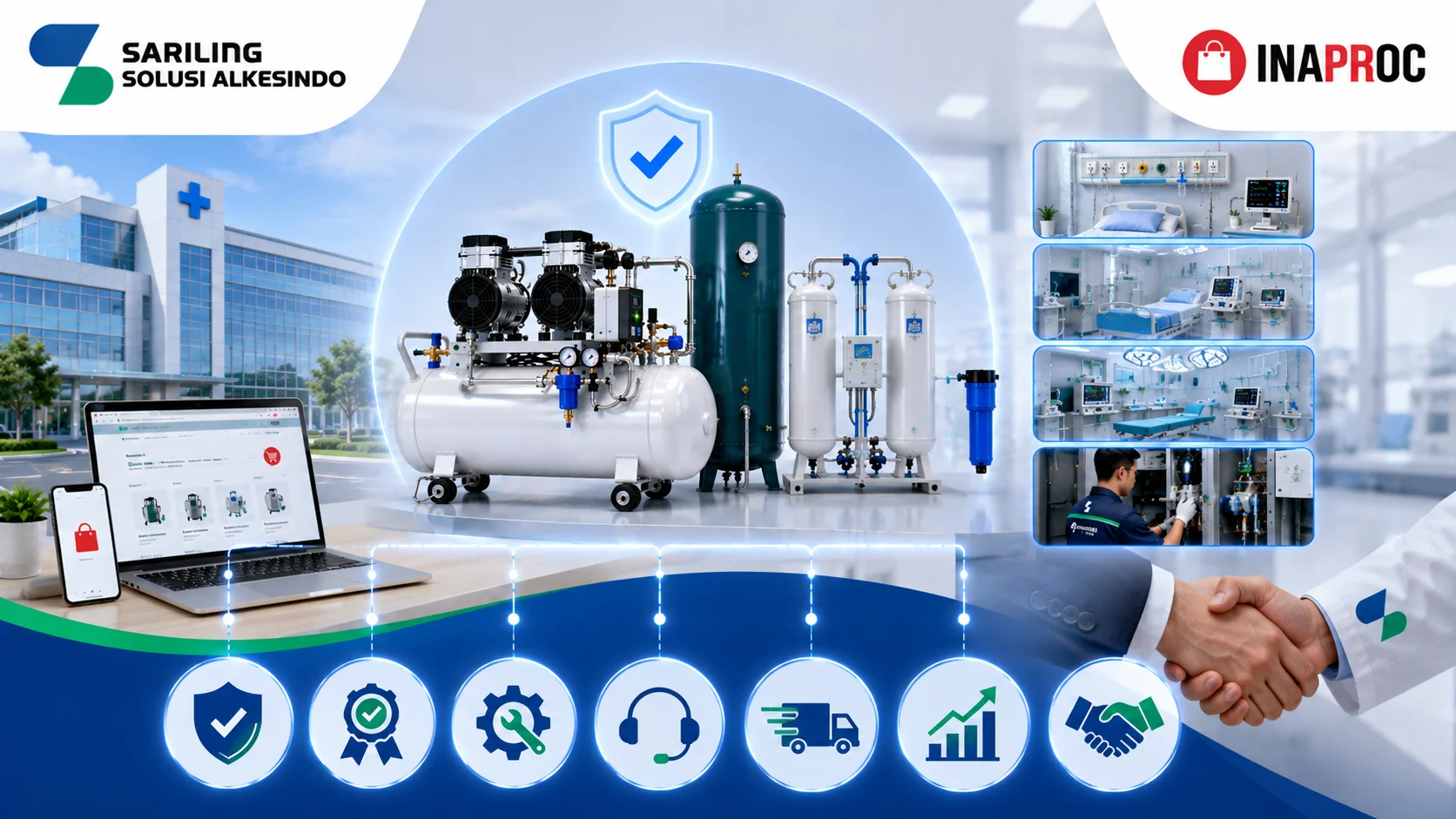 Keunggulan pengadaan mesin kompresor medik Inaproc bersama Sariling Solusi Alkesindo dengan ilustrasi sistem kompresor udara medik, platform e-Katalog Inaproc, rumah sakit modern, layanan teknis, dan kerja sama pengadaan alat kesehatan