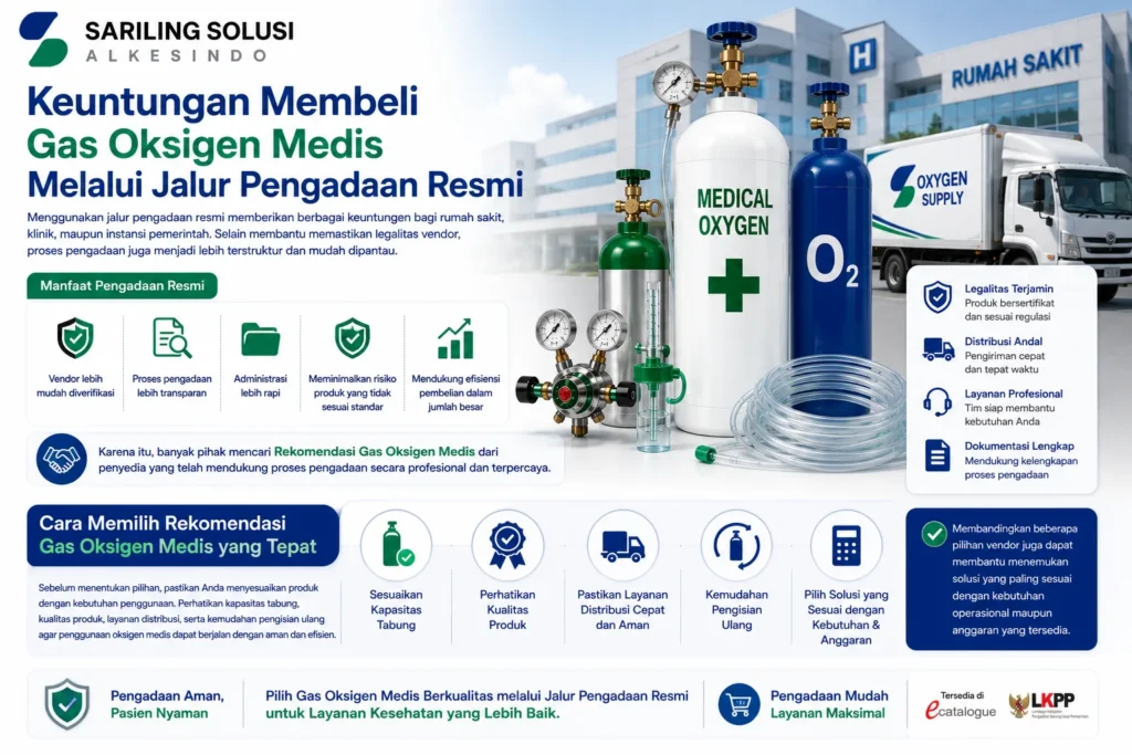 Keuntungan membeli gas oksigen medis melalui jalur pengadaan resmi dengan vendor terverifikasi, proses transparan, administrasi rapi, dan distribusi yang terpercaya.