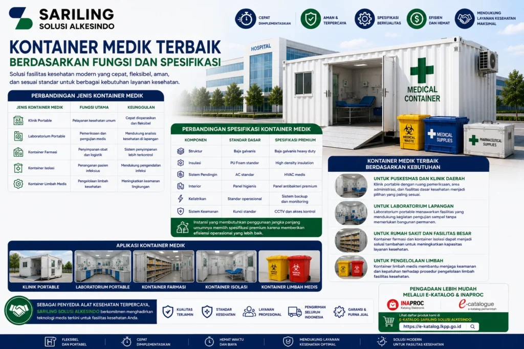 Kontainer medik terbaik berdasarkan fungsi dan spesifikasi untuk klinik portable, laboratorium portable, farmasi, isolasi medis, dan pengelolaan limbah kesehatan