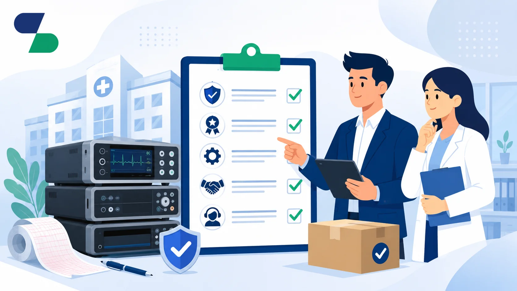 Ilustrasi proses memilih penyedia alat perekam medis INAPROC yang menampilkan checklist evaluasi, perangkat perekam medis, tenaga profesional, dan logo Sariling Solusi Alkesindo di pojok kiri atas.