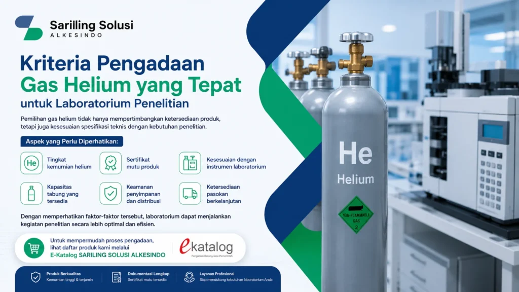 Kriteria pengadaan gas helium untuk laboratorium penelitian BRIN meliputi kemurnian tinggi, sertifikat mutu, kompatibilitas instrumen laboratorium, keamanan distribusi, dan ketersediaan pasokan dari Sariling Solusi Alkesindo melalui E-Katalog.