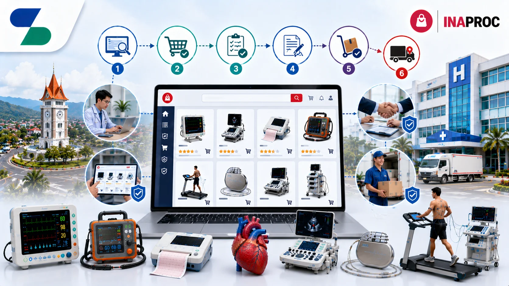 Ilustrasi proses pengadaan peralatan kardiologi melalui platform INAPROC menggunakan katalog elektronik, menampilkan laptop dengan etalase produk, monitor pasien, mesin ECG, echocardiography, defibrillator, pacemaker, treadmill test, proses verifikasi, logistik, dan distribusi ke rumah sakit
