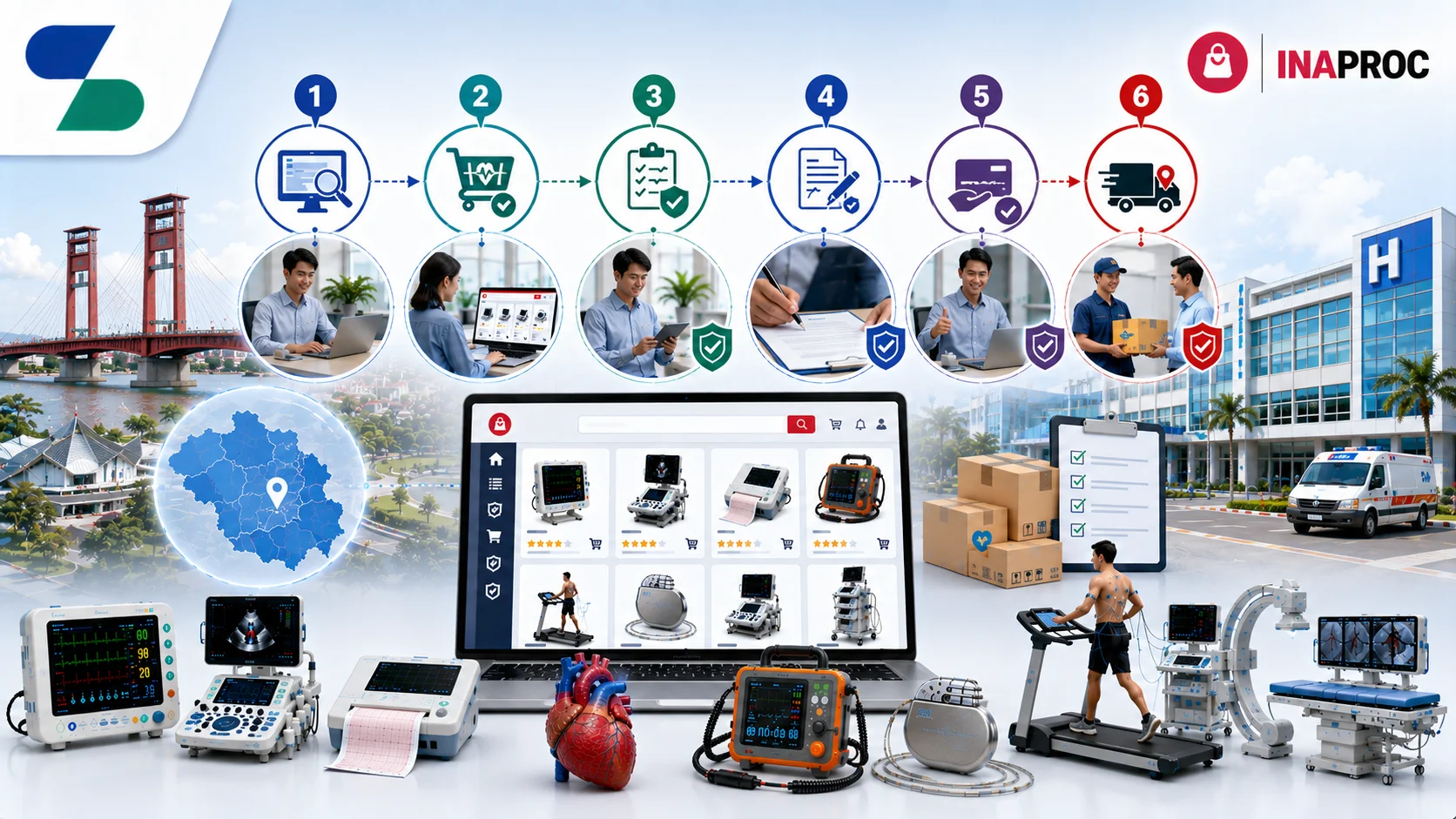 Ilustrasi proses pengadaan peralatan kardiologi melalui platform INAPROC menggunakan katalog elektronik, menampilkan laptop dengan etalase produk, monitor pasien, mesin ECG, echocardiography, defibrillator, pacemaker, treadmill test, sistem angiografi, proses verifikasi, logistik, dan distribusi ke rumah sakit