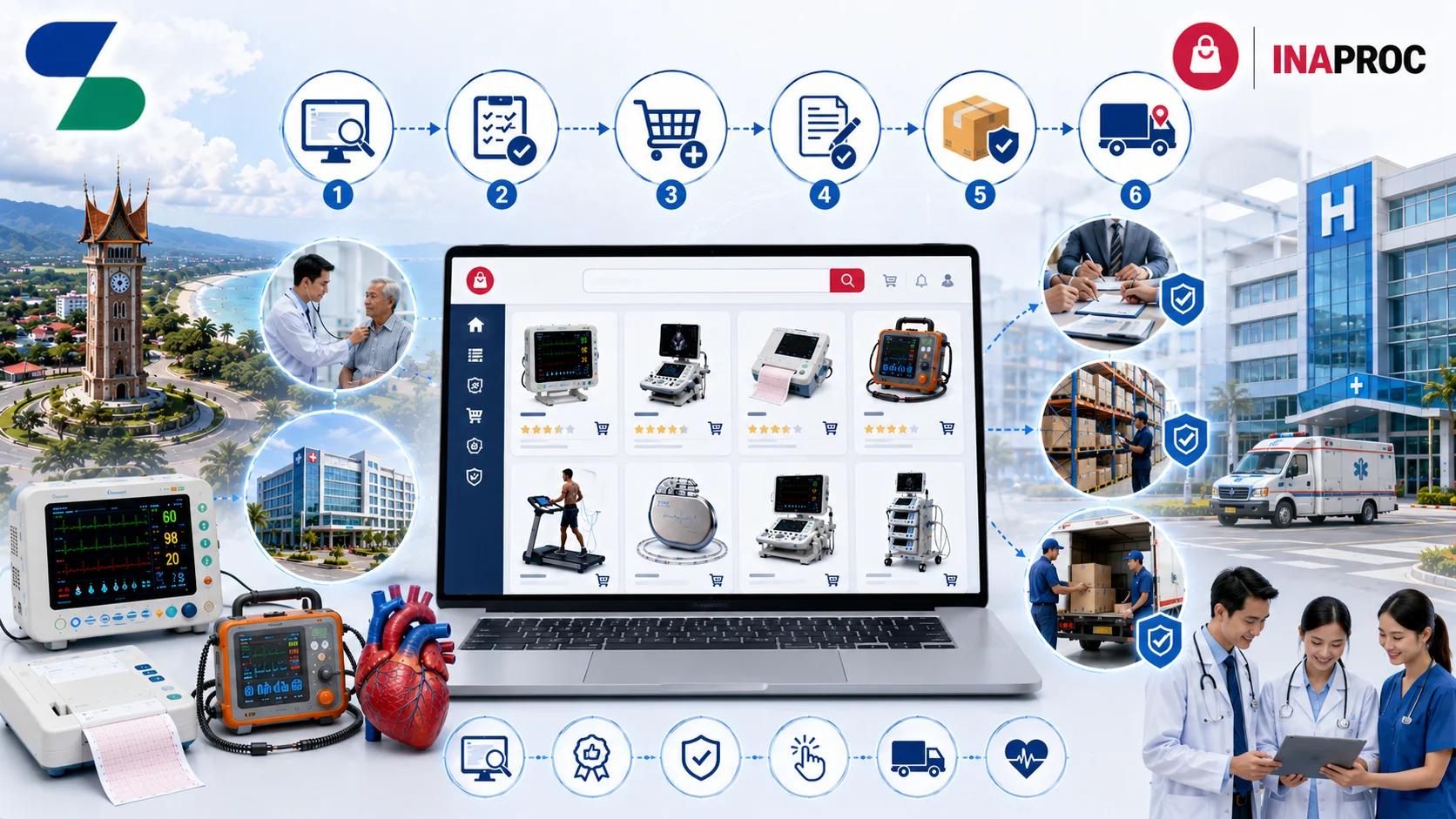 Ilustrasi proses pengadaan peralatan kardiologi melalui platform INAPROC menggunakan katalog elektronik, menampilkan laptop dengan etalase produk, monitor pasien, mesin ECG, echocardiography, defibrillator, proses verifikasi, logistik, dan distribusi ke rumah sakit