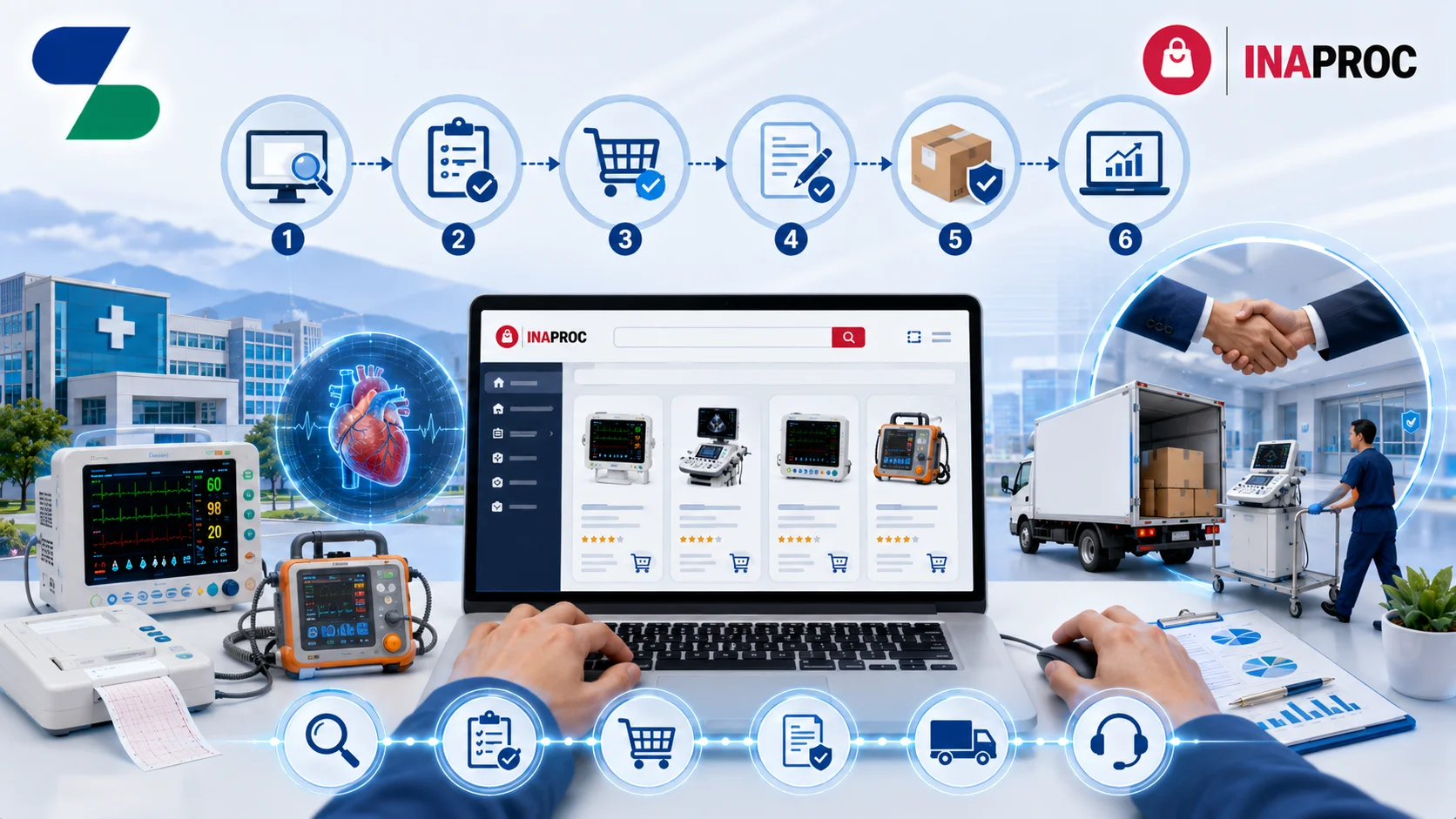 Ilustrasi proses pengadaan peralatan kardiologi melalui platform INAPROC menggunakan katalog digital, menampilkan monitor pasien, defibrillator, ECG, laptop e-procurement, proses pengiriman alat kesehatan, serta logo Sariling Solusi Alkesindo di kiri atas dan logo INAPROC di kanan atas.