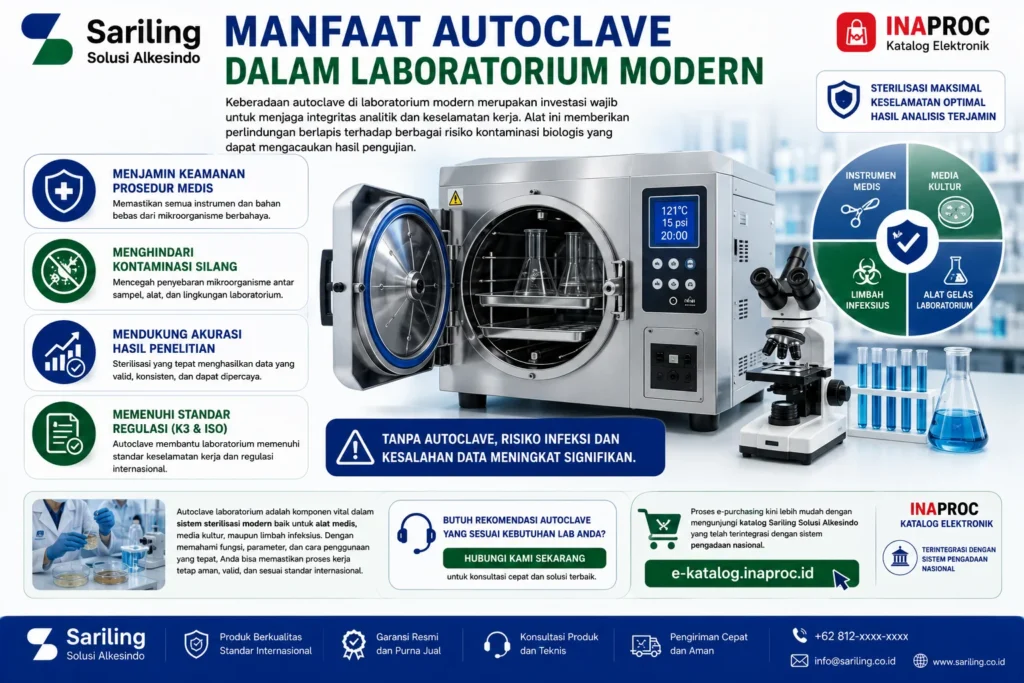 Manfaat autoclave dalam laboratorium modern untuk menjamin keamanan prosedur medis, mencegah kontaminasi silang, mendukung akurasi hasil penelitian, serta memenuhi standar regulasi K3 dan ISO melalui proses sterilisasi instrumen, media kultur, dan limbah infeksius.