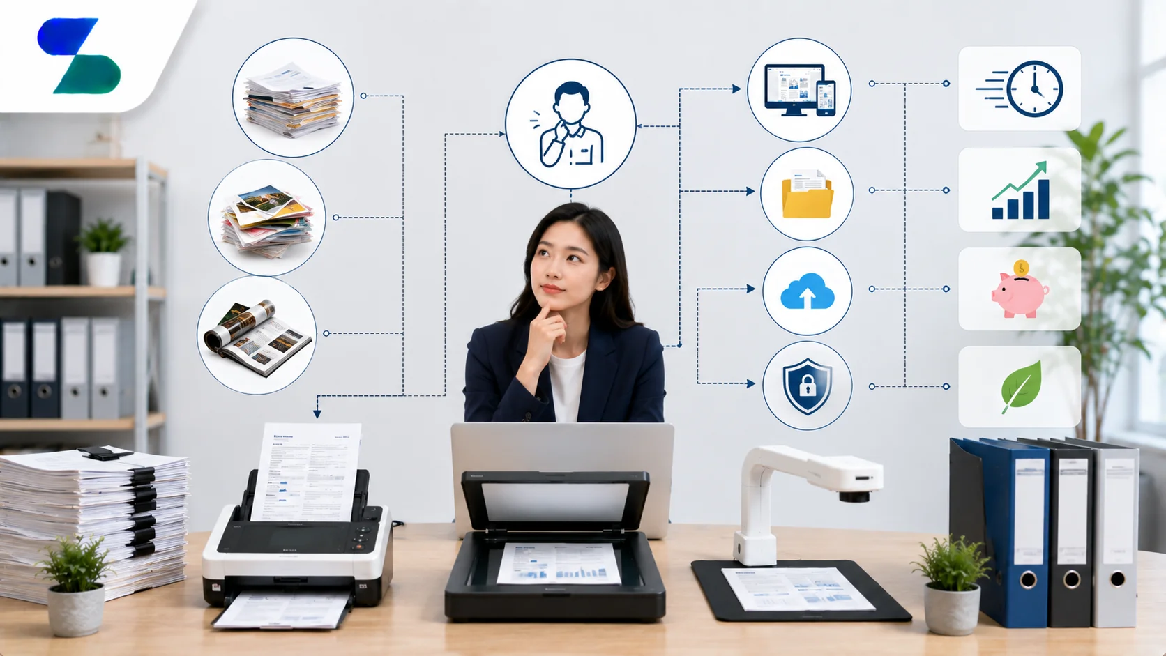 Ilustrasi berbagai jenis scanner dokumen seperti flatbed scanner, scanner ADF, dan overhead scanner di lingkungan kantor modern yang menggambarkan pentingnya memilih scanner sesuai jenis dokumen dan kebutuhan digitalisasi, dengan logo Sariling Solusi Alkesindo di pojok kiri atas.