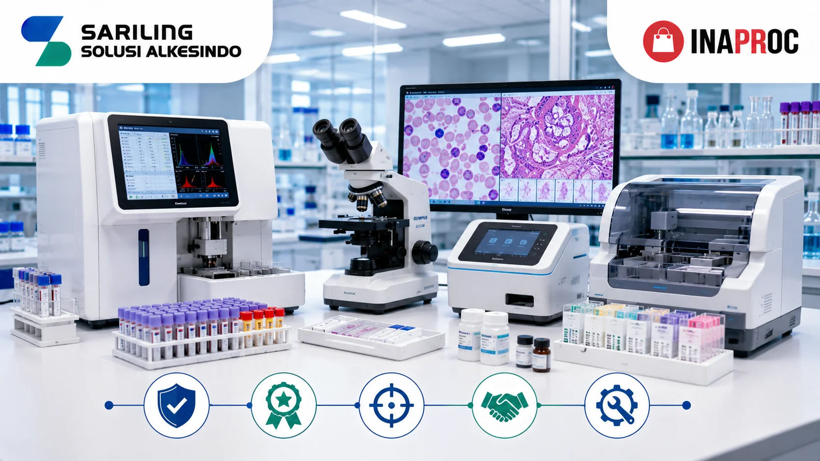 Ilustrasi peralatan hematologi dan patologi modern di laboratorium profesional yang menampilkan analyzer hematologi, mikroskop digital, sistem patologi otomatis, reagen laboratorium, logo Sariling Solusi Alkesindo, dan logo Inaproc.