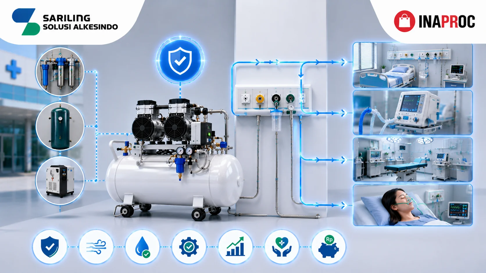 Mengapa mesin kompresor medik penting dalam sistem gas medis dengan ilustrasi kompresor udara medik, sistem filtrasi, jaringan distribusi gas medis rumah sakit, ventilator, ruang perawatan pasien, logo Sariling Solusi Alkesindo, dan logo Inaproc