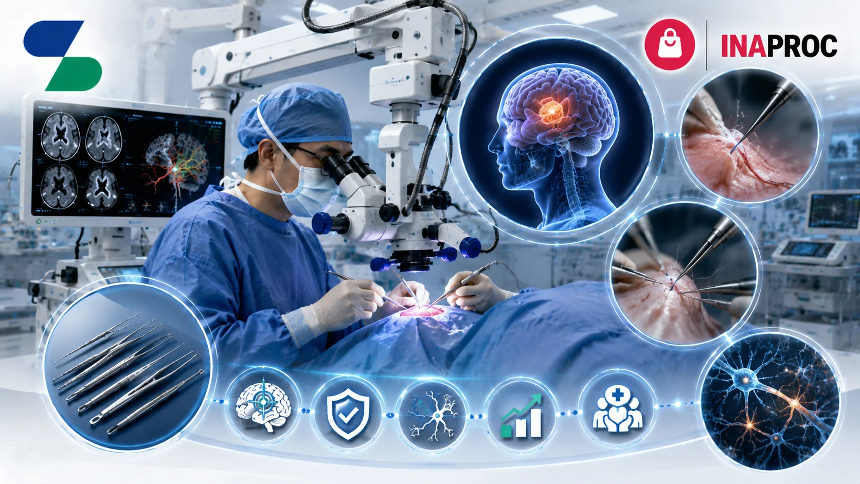 Ilustrasi dokter bedah menggunakan peralatan bedah mikro saraf dengan mikroskop operasi, instrumen presisi, visualisasi otak, dan ruang operasi modern, dilengkapi logo Sariling Solusi Alkesindo di kiri atas serta logo INAPROC di kanan atas.
