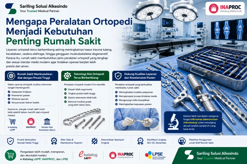 Peralatan ortopedi berkualitas menjadi kebutuhan penting rumah sakit untuk mendukung operasi trauma, cedera olahraga, dan gangguan muskuloskeletal secara presisi dan aman