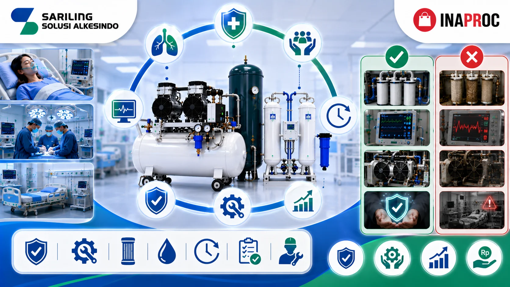Mengapa perawatan mesin kompresor medik sangat penting dengan ilustrasi teknisi melakukan maintenance kompresor udara medis, sistem filtrasi, peralatan monitoring rumah sakit, logo Sariling Solusi Alkesindo, dan logo Inaproc