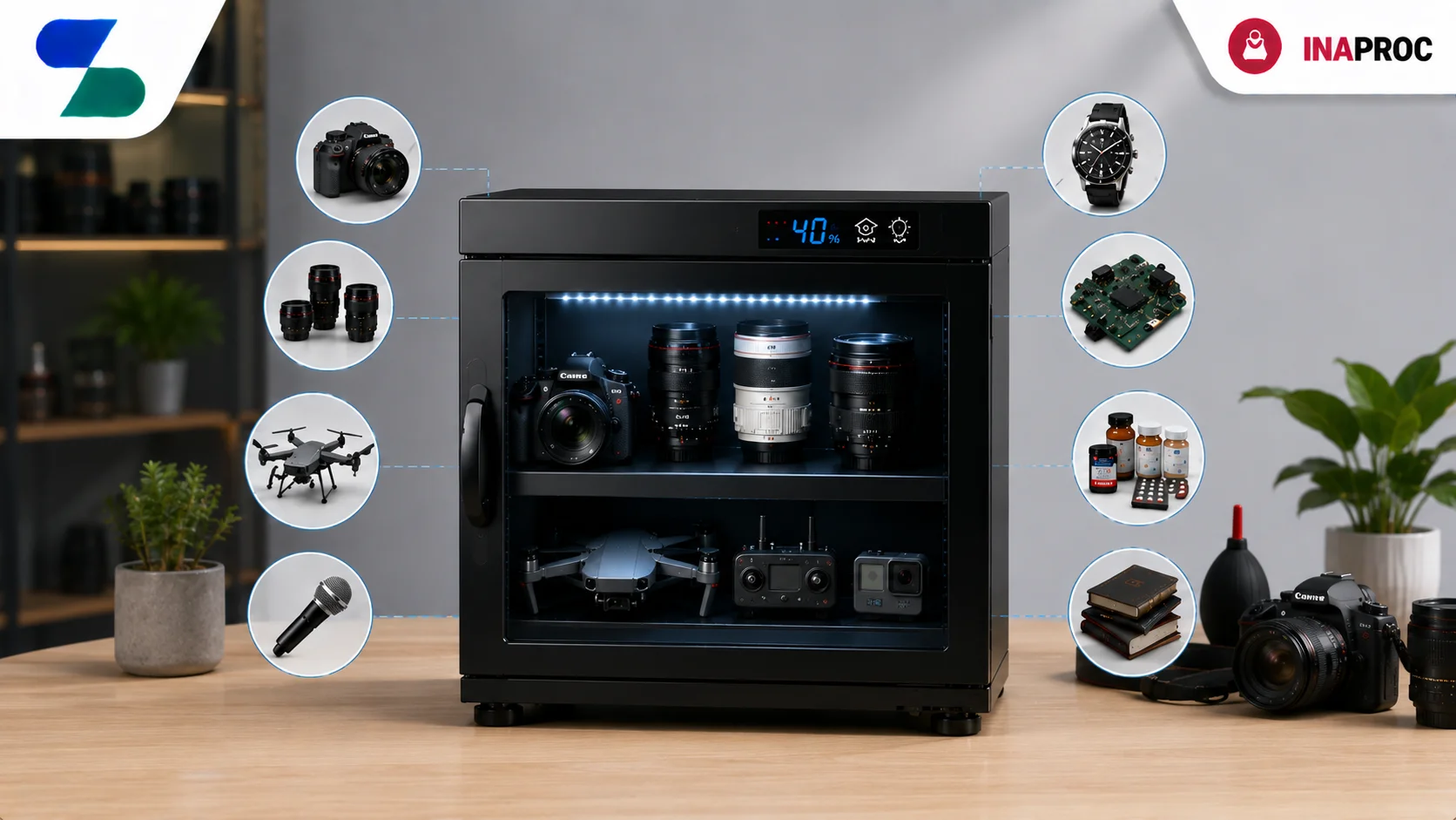 Ilustrasi dry box elektronik dengan sistem kontrol kelembapan untuk menyimpan kamera, lensa, drone, jam tangan, dokumen, obat-obatan, komponen elektronik, dan barang sensitif lainnya