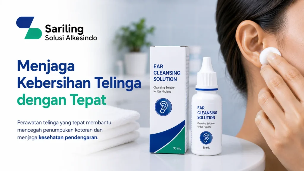 Menjaga kebersihan telinga dengan tepat menggunakan cairan pembersih telinga yang aman dan efektif dengan logo Sariling Solusi Alkesindo
