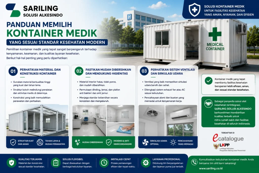 Panduan memilih kontainer medik dengan material berkualitas, konstruksi kuat, desain higienis, serta sistem ventilasi yang mendukung standar kesehatan modern
