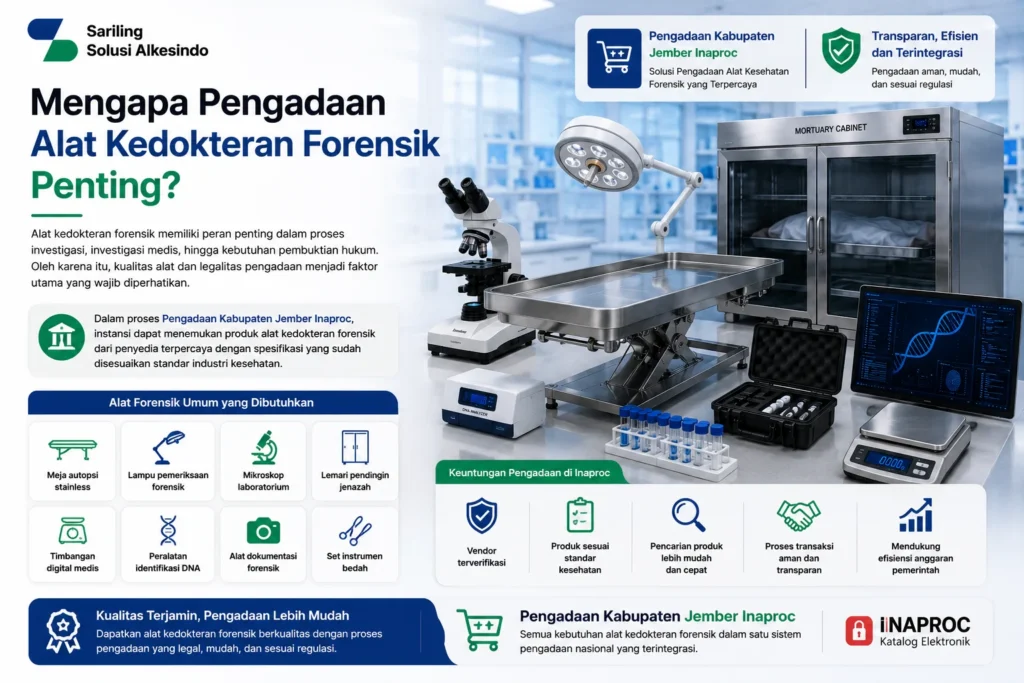 Pengadaan alat kedokteran forensik Kabupaten Jember Inaproc dengan produk seperti meja autopsi stainless, lampu pemeriksaan forensik, mikroskop laboratorium, lemari pendingin jenazah, timbangan digital medis, peralatan identifikasi DNA, alat dokumentasi forensik, dan set instrumen bedah dari Sariling Solusi Alkesindo.