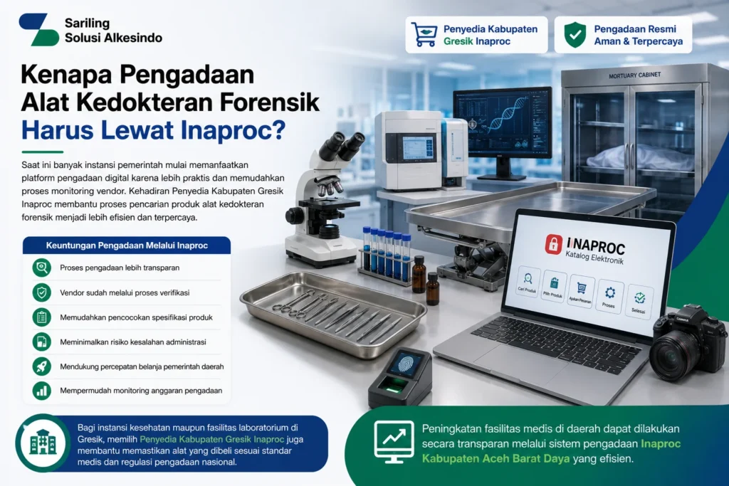 Pengadaan alat kedokteran forensik lewat Inaproc Kabupaten Gresik dengan produk seperti forensic microscope, DNA analyzer, autopsy table, mortuary cabinet, dan sistem dokumentasi forensik dari Sariling Solusi Alkesindo.