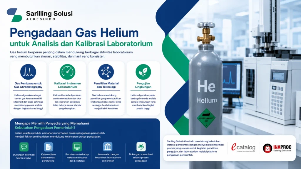 Pengadaan gas helium untuk analisis dan kalibrasi laboratorium menggunakan helium kemurnian tinggi sebagai carrier gas Gas Chromatography, kalibrasi instrumen, penelitian material, dan pengujian lingkungan dari Sariling Solusi Alkesindo.