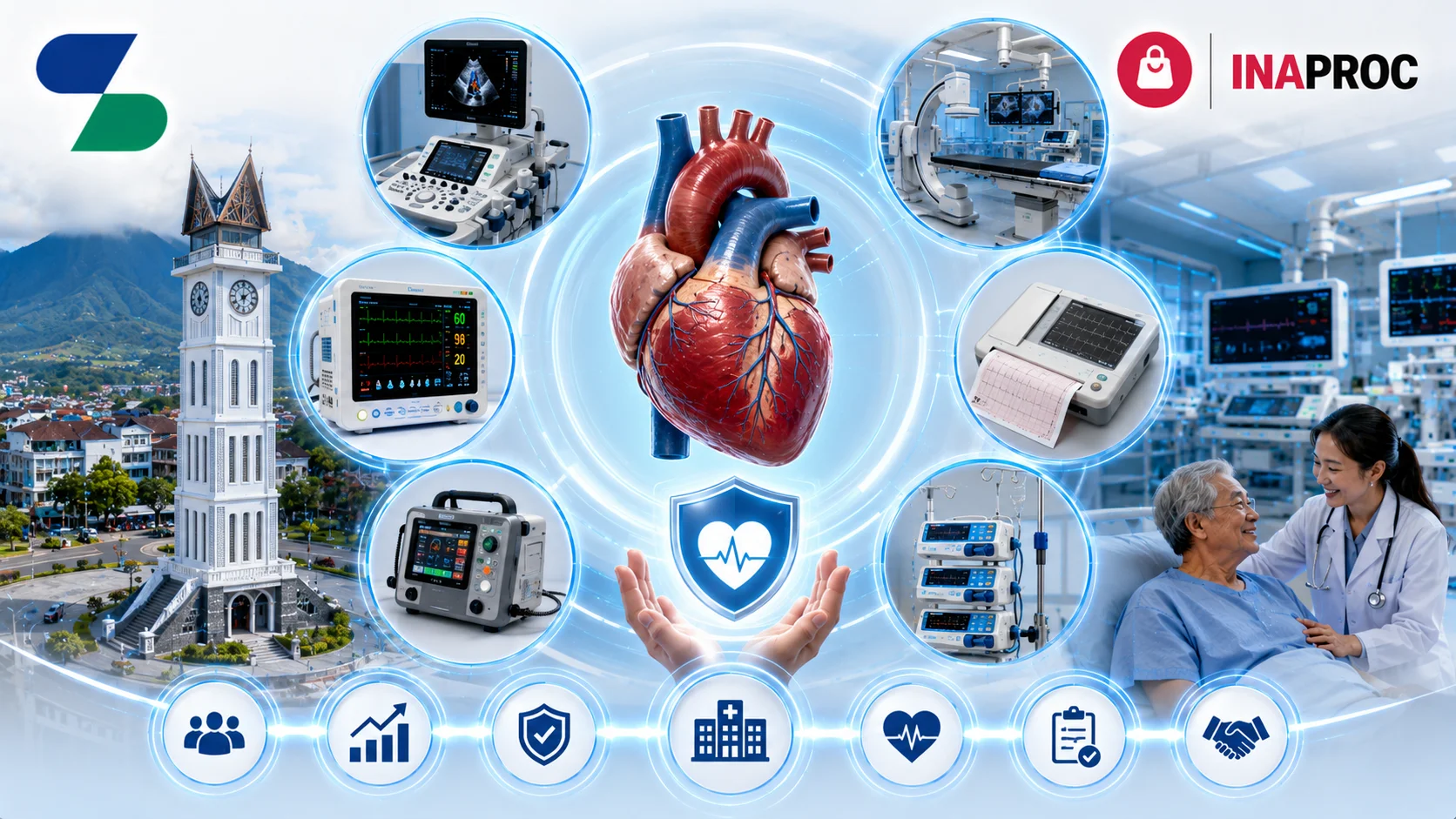 Ilustrasi pengadaan peralatan kardiologi melalui INAPROC di Kota Bukittinggi dengan perangkat medis modern seperti monitor jantung, ECG, defibrillator, USG jantung, ruang rumah sakit, serta logo Sariling Solusi Alkesindo di kiri atas dan logo INAPROC di kanan atas