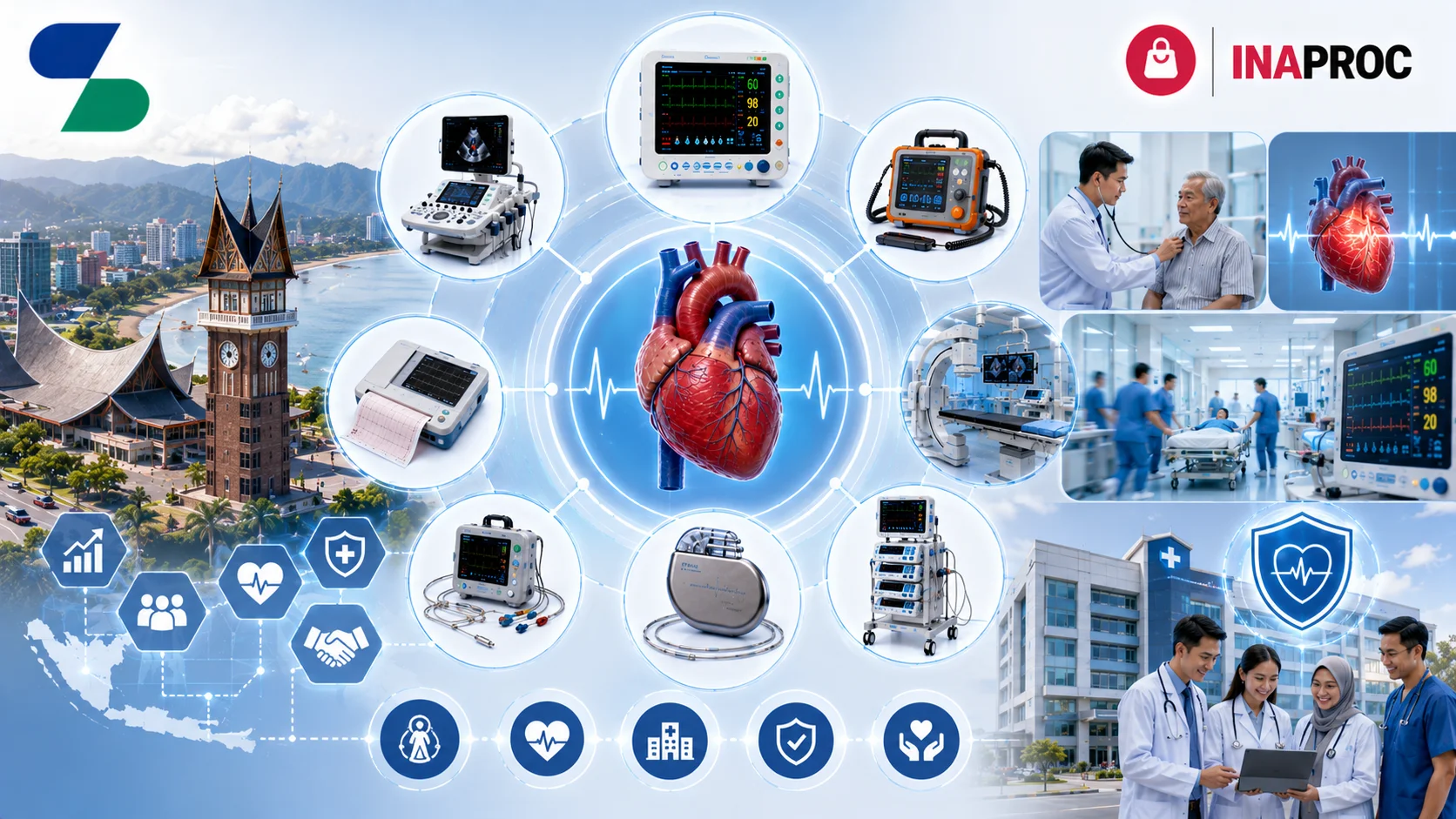 Ilustrasi pengadaan peralatan kardiologi melalui INAPROC di Kota Padang dengan berbagai alat medis modern seperti monitor pasien, mesin ECG, echocardiography, defibrillator, pacemaker, dan fasilitas rumah sakit, dilengkapi logo Sariling Solusi Alkesindo di kiri atas serta logo INAPROC di kanan atas