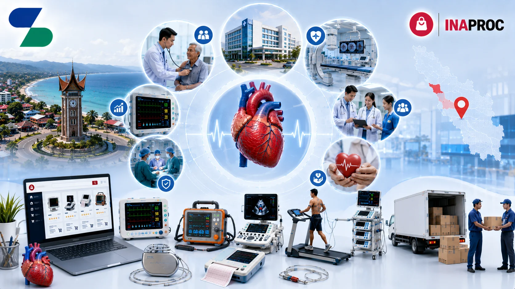 Ilustrasi pengadaan peralatan kardiologi melalui INAPROC di Kota Pariaman dengan berbagai perangkat medis modern seperti monitor pasien, mesin ECG, echocardiography, defibrillator, pacemaker, treadmill test, serta fasilitas rumah sakit, dilengkapi logo Sariling Solusi Alkesindo di kiri atas dan logo INAPROC di kanan atas.