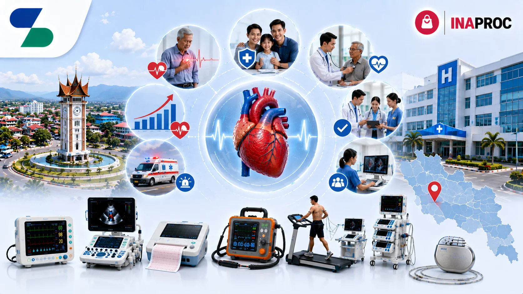 Ilustrasi pengadaan peralatan kardiologi melalui INAPROC di Kota Payakumbuh dengan berbagai perangkat medis modern seperti monitor pasien, mesin ECG, echocardiography, defibrillator, treadmill test, pacemaker, serta fasilitas rumah sakit
