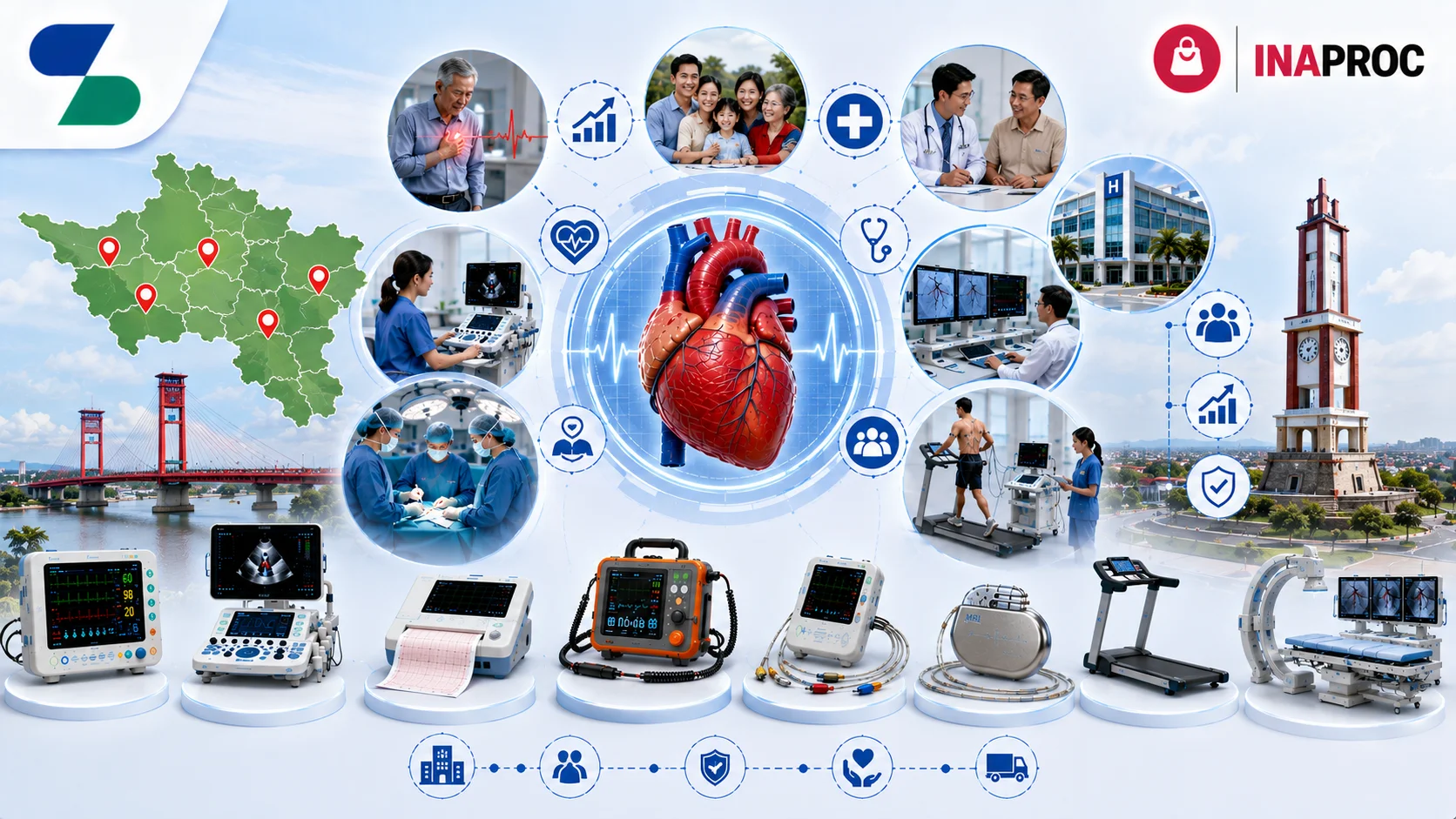 Ilustrasi pengadaan peralatan kardiologi melalui INAPROC di Provinsi Sumatera Selatan dengan berbagai perangkat medis modern seperti monitor pasien, mesin ECG, echocardiography, defibrillator, pacemaker, treadmill test, sistem angiografi, serta fasilitas rumah sakit