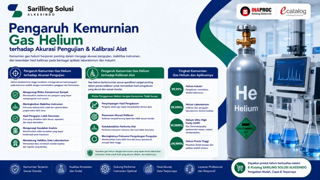 Pengaruh kemurnian gas helium terhadap akurasi pengujian dan kalibrasi alat laboratorium, menampilkan perbedaan tingkat kemurnian helium untuk analisis laboratorium, Gas Chromatography, kalibrasi instrumen, dan aplikasi industri presisi tinggi oleh Sariling Solusi Alkesindo