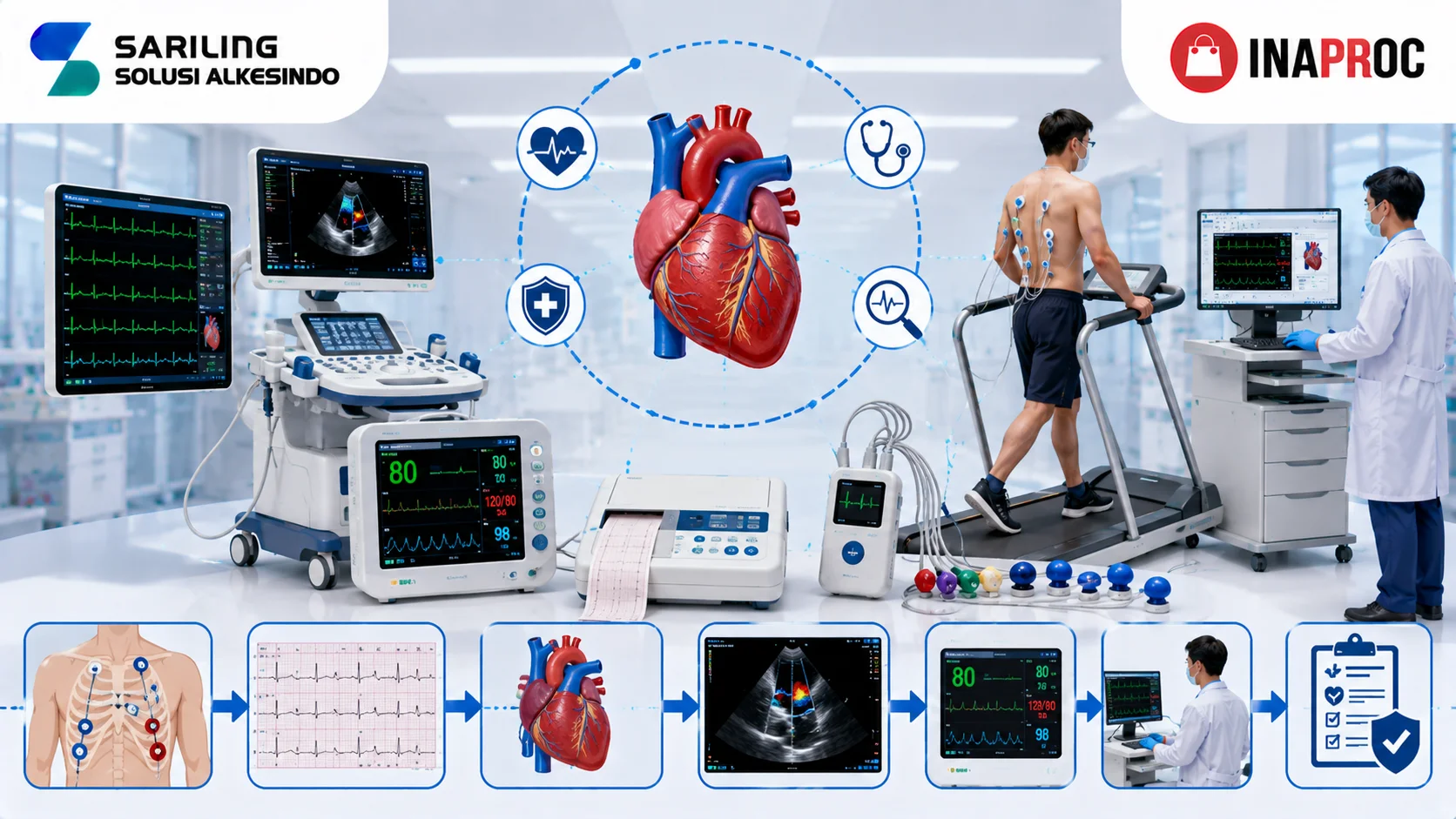 Ilustrasi alat diagnostik jantung modern yang menampilkan mesin EKG, monitor jantung, echocardiography, treadmill test, model anatomi jantung, tenaga medis, logo Sariling Solusi Alkesindo, dan logo Inaproc di lingkungan rumah sakit modern.