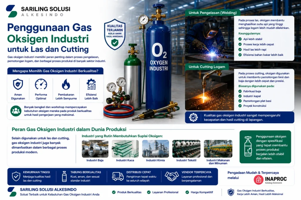 Penggunaan gas oksigen industri untuk las dan cutting logam pada fabrikasi baja, industri kapal, konstruksi, manufaktur, dan berbagai proses produksi industri.
